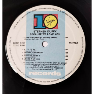 Stephen Duffy ‎- Because We Love You 1985 Canada Promo Vinyl LP ***READY TO SHIP from Hong Kong***